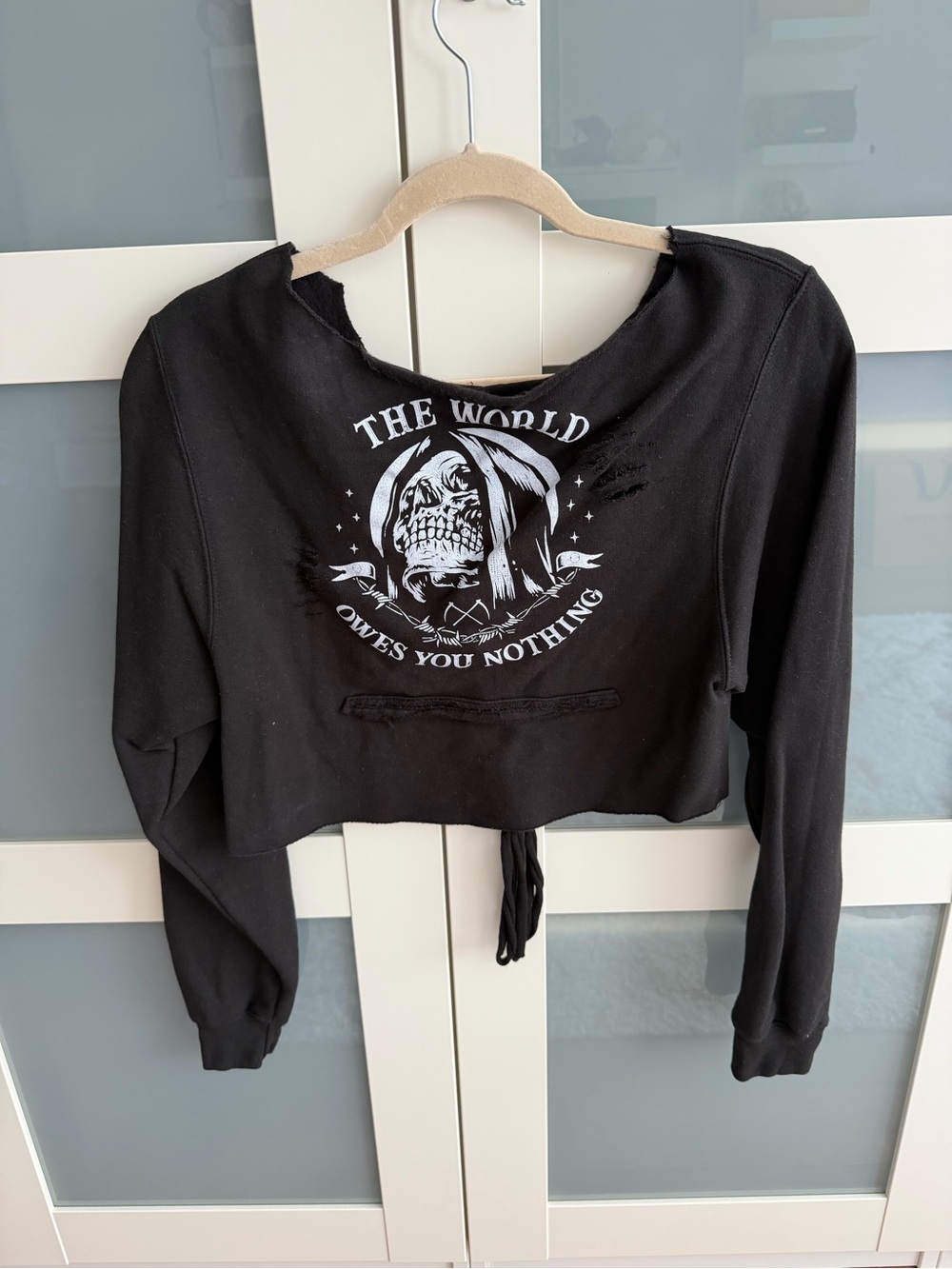 The Drive Black Cropped Graphic Hoodie with open back